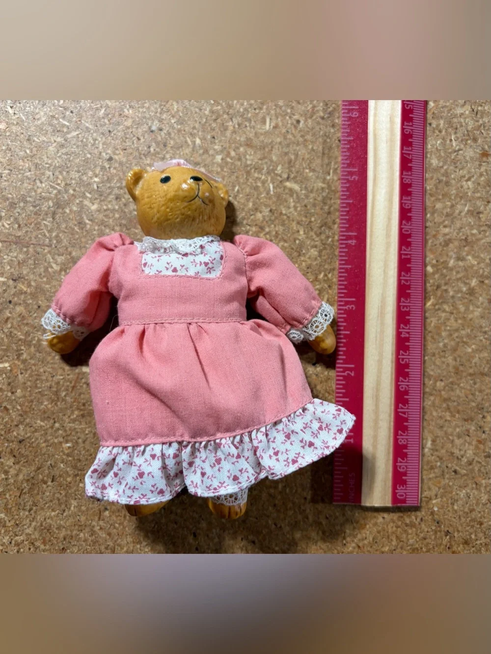 Vintage 1990s Mini Porcelain Teddy Bear Doll Russ Berrie Pink Dress 5”